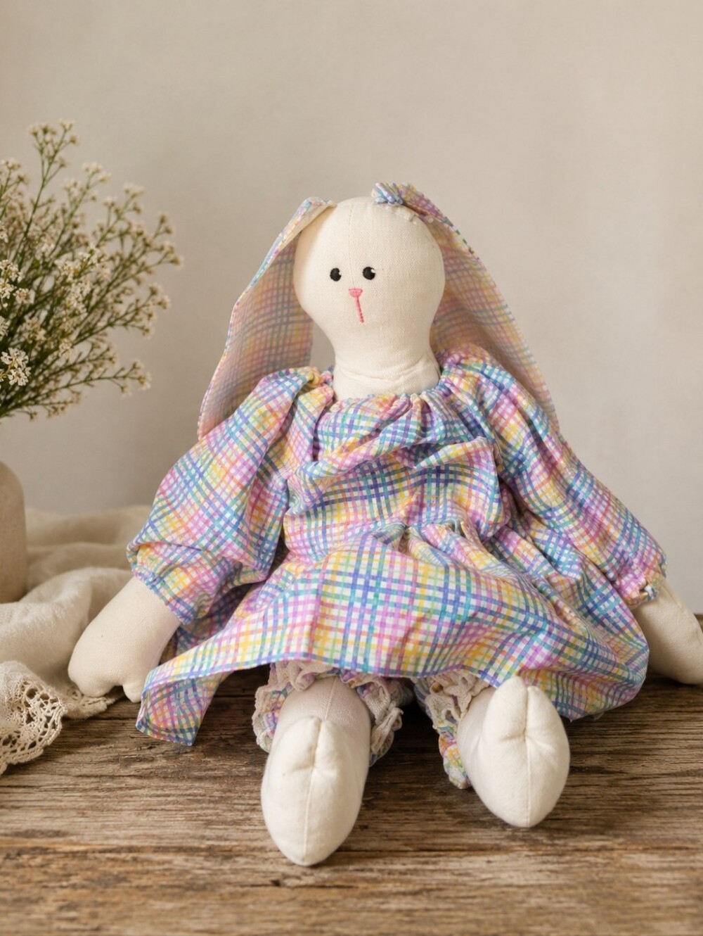 Handmade Pastel Plaid Bunny Doll - Vintage Handmade Folk Art Country Cloth Bunny